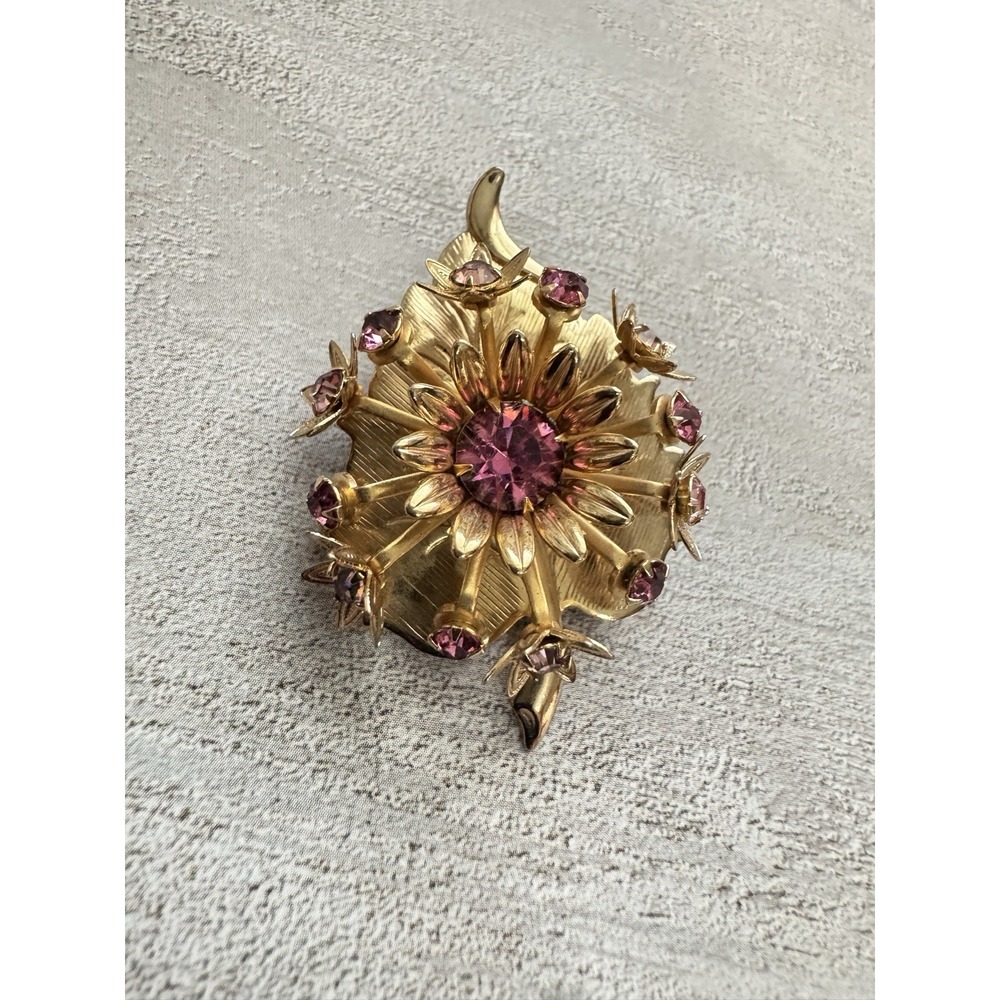 Vintage Gold Tone Leaf Flower Brooch Pink Rhinestone Pin Unsigned Mid Century